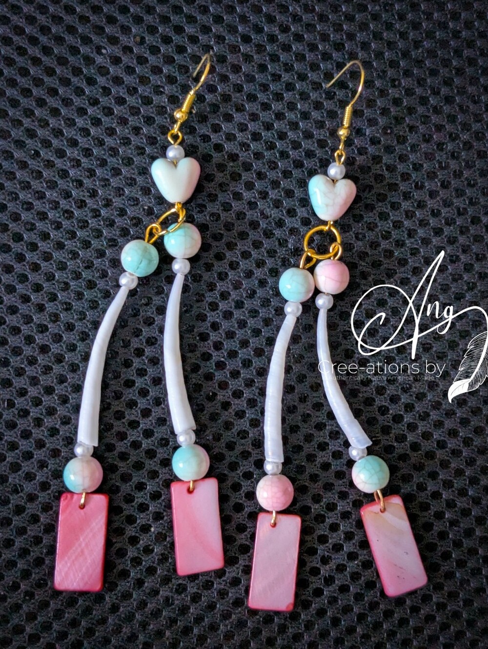 Indigenous Pink Light Green Ombre Heart Dentalium Shell Dangle Earrings